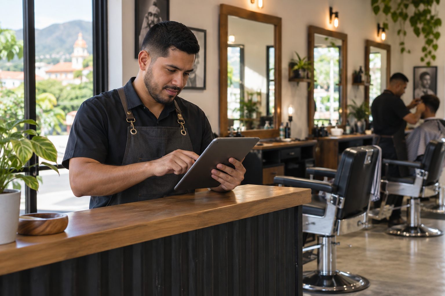 Escena ilustrativa de un barbero consultando citas en una tableta