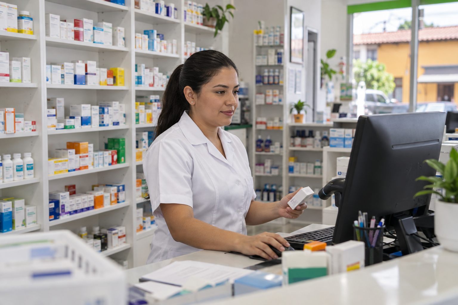 Escena ilustrativa de una farmacéutica revisando productos en una computadora