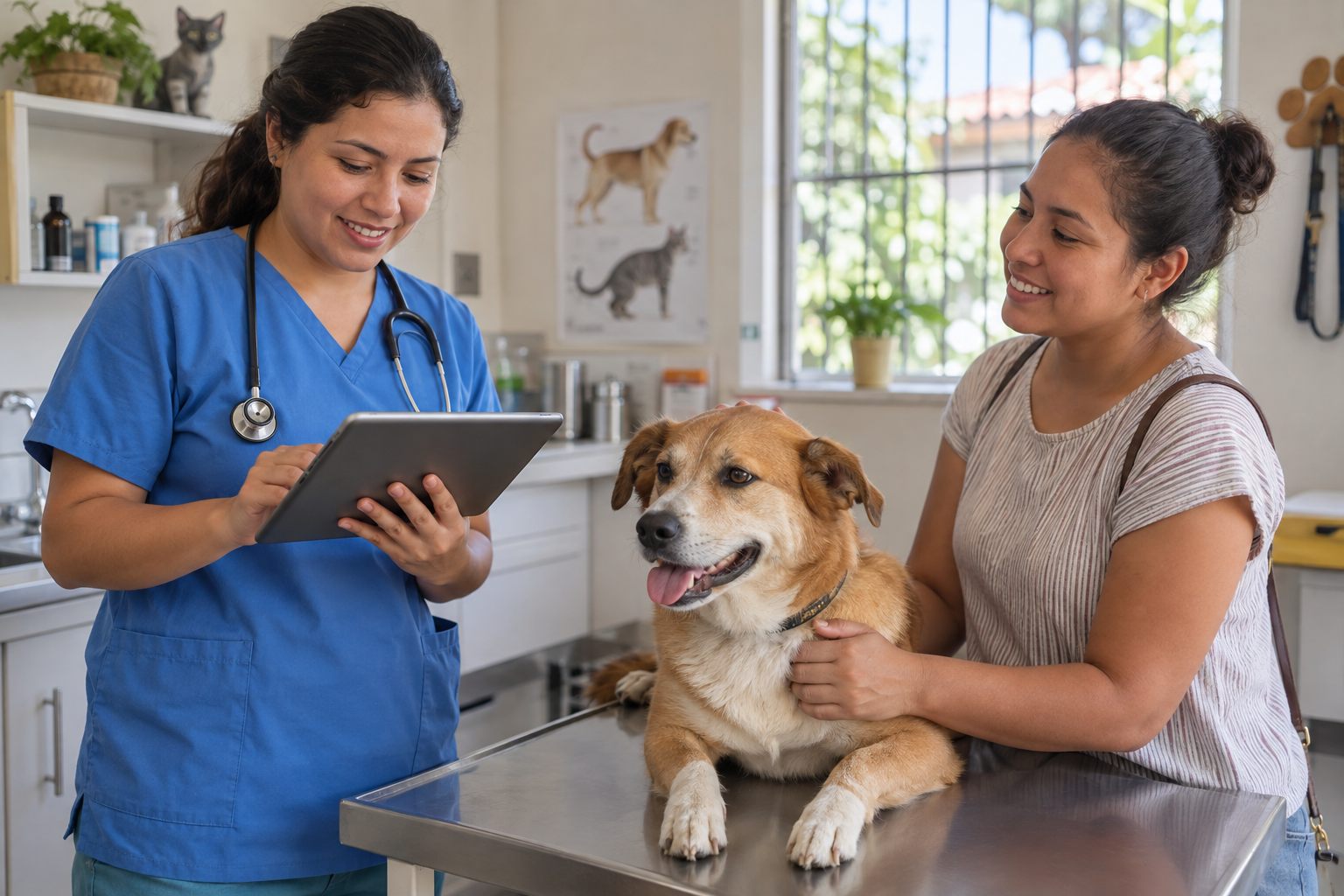 Escena ilustrativa de una veterinaria y una dueña con su perro durante una consulta
