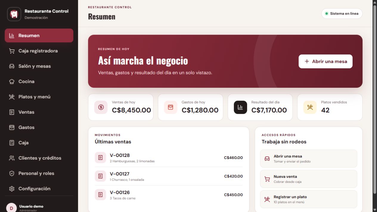 Restaurante Control mostrando ventas, gastos, mesas y accesos rápidos
