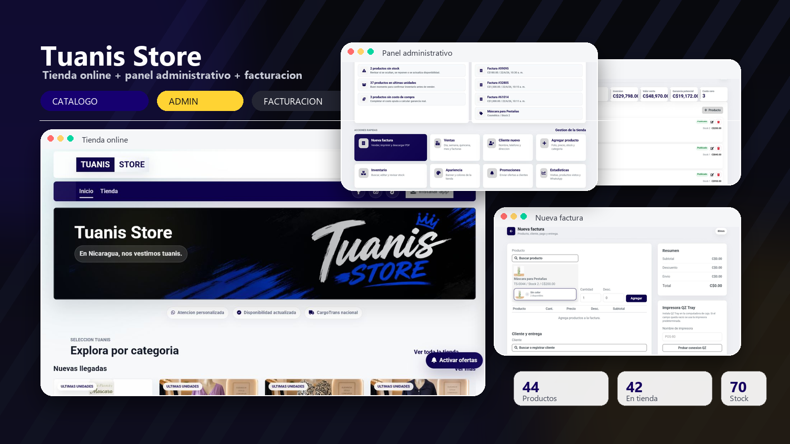 Collage de tienda online, inventario y facturacion Tuanis Store